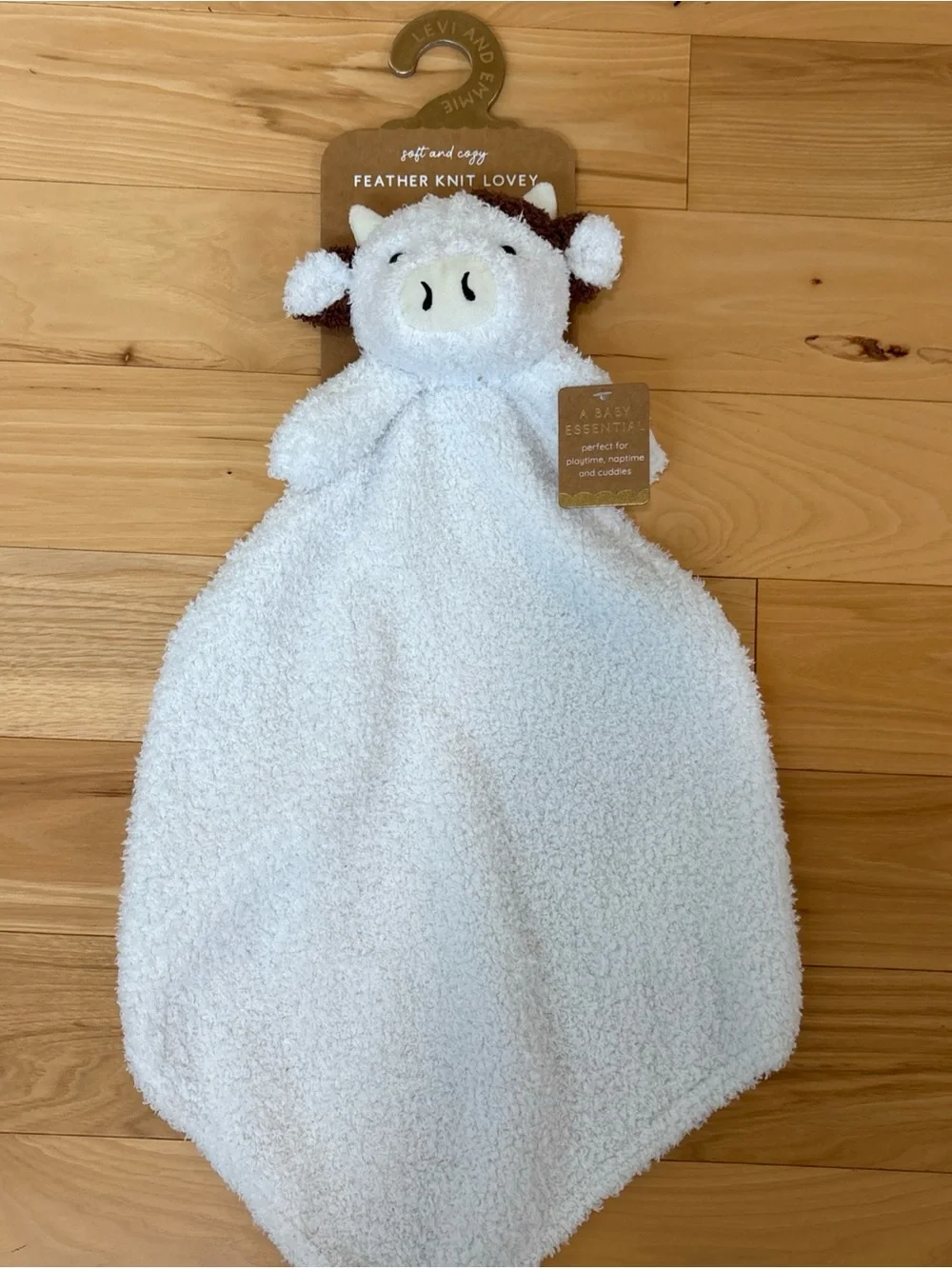 Levi And Emmie White Plush Cow Feather Knit Lovey Security Blanket NEW